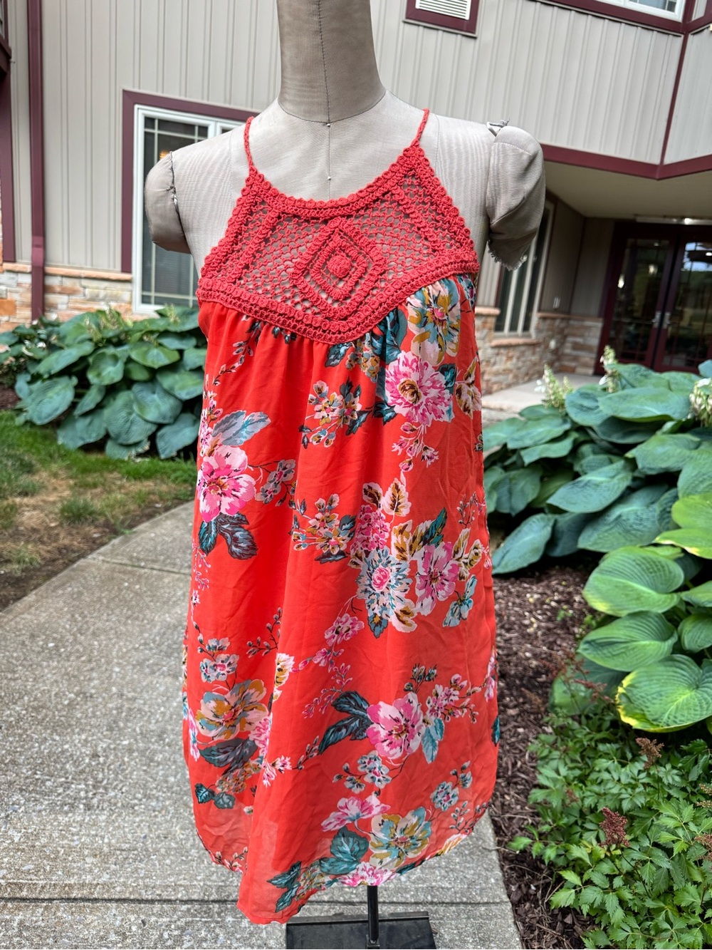 Coral Floral Crochet Yoke Sundress